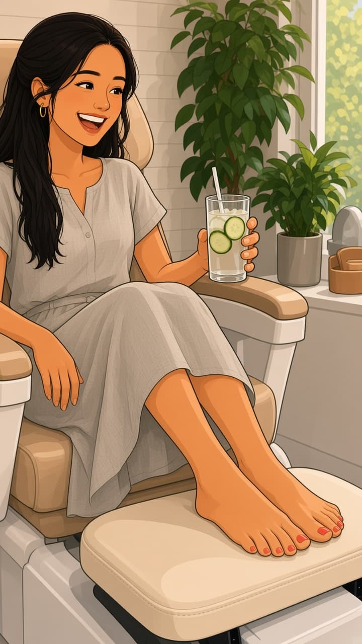 Freshly painted red toenails resting on a pedicure footrest at a bright salon